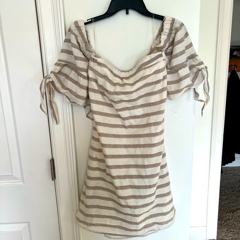 Listicle tan striped off-shoulder romper
